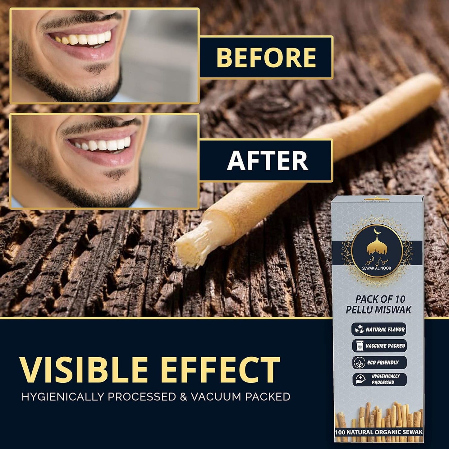 Miswak Sticks Pack of 10 with Holder - Vacuum Sealed Natural Flavored Chew Sticks - Natural Toothbrush for Teeth Whitening, Oral Health & Fresh Breath