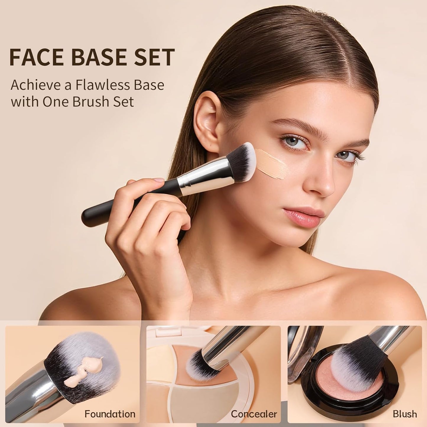3 Pcs Foundation Contour Blush Conceal Brush Set, 3PCS Angled Synthetic Kabuki Brush for Blending Setting Buffing with Liquid, Cream and Powder Cosmetic(Black)