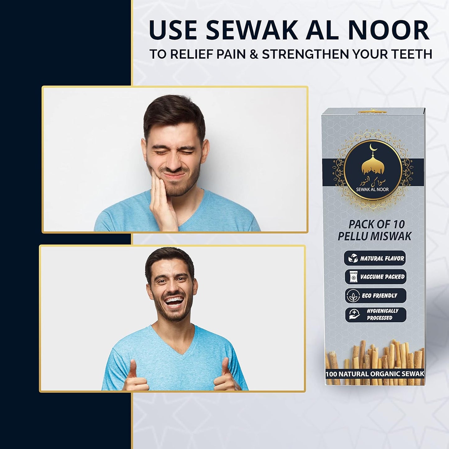 Miswak Sticks Pack of 10 with Holder - Vacuum Sealed Natural Flavored Chew Sticks - Natural Toothbrush for Teeth Whitening, Oral Health & Fresh Breath