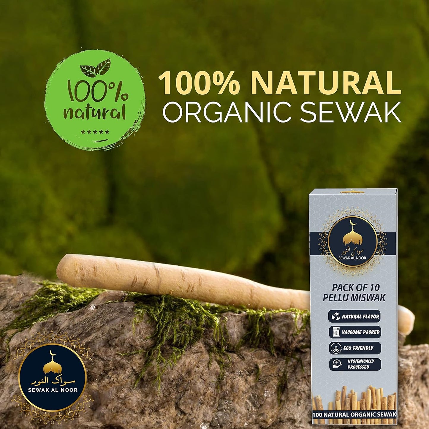Miswak Sticks Pack of 10 with Holder - Vacuum Sealed Natural Flavored Chew Sticks - Natural Toothbrush for Teeth Whitening, Oral Health & Fresh Breath