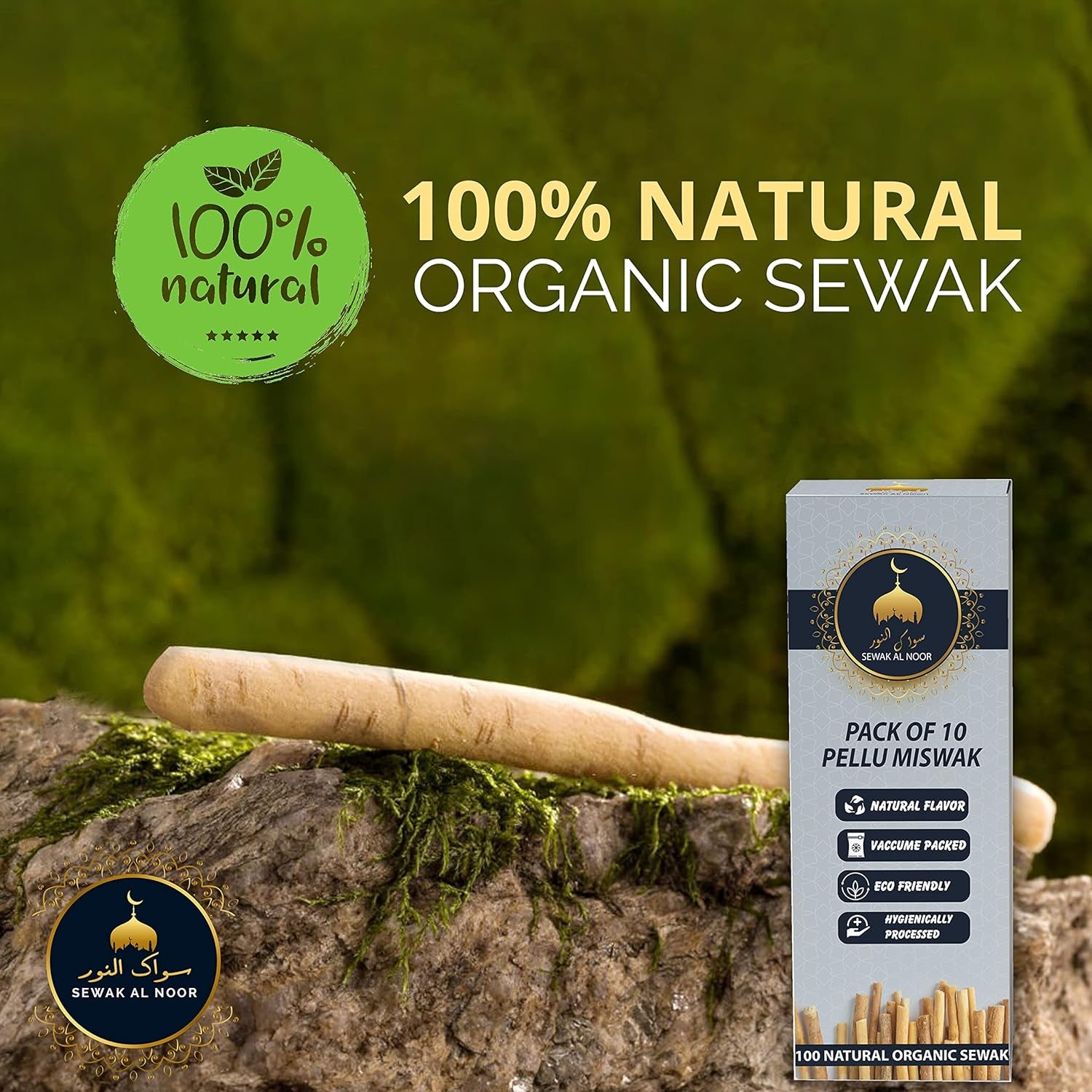 Miswak Sticks Pack of 10 with Holder - Vacuum Sealed Natural Flavored Chew Sticks - Natural Toothbrush for Teeth Whitening, Oral Health & Fresh Breath