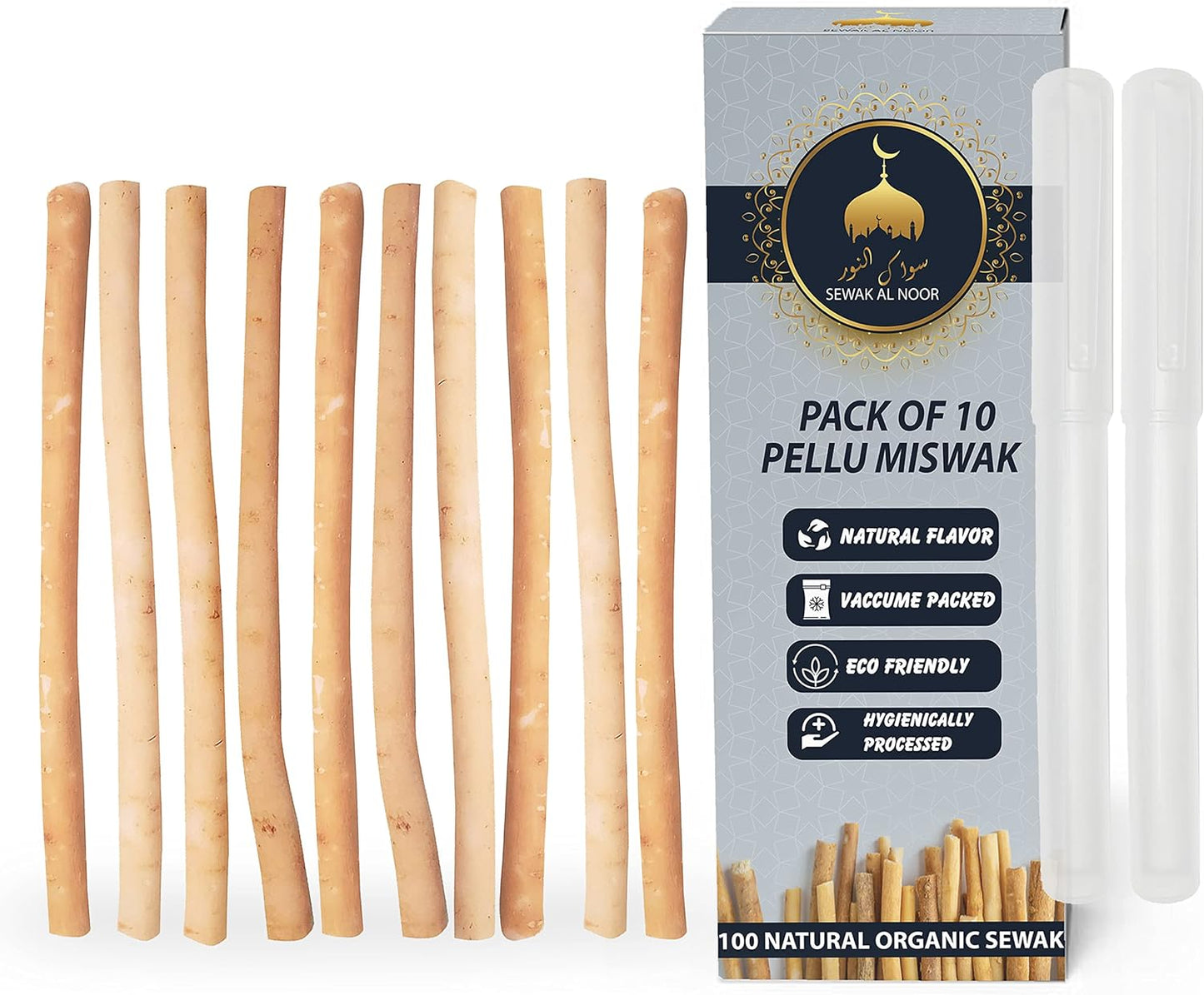 Miswak Sticks Pack of 10 with Holder - Vacuum Sealed Natural Flavored Chew Sticks - Natural Toothbrush for Teeth Whitening, Oral Health & Fresh Breath