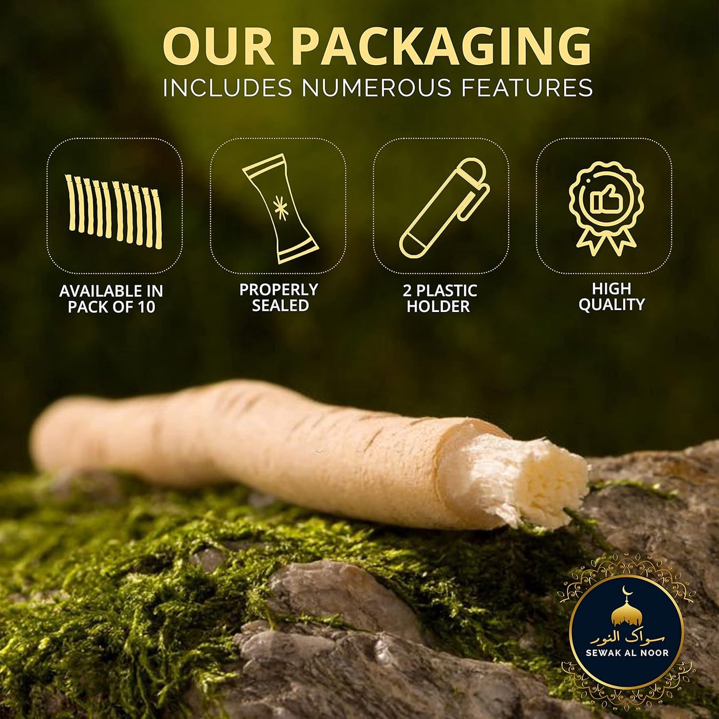 Miswak Sticks Pack of 10 with Holder - Vacuum Sealed Natural Flavored Chew Sticks - Natural Toothbrush for Teeth Whitening, Oral Health & Fresh Breath