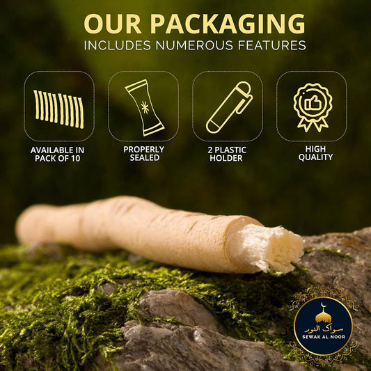 Miswak Sticks Pack of 10 with Holder - Vacuum Sealed Natural Flavored Chew Sticks - Natural Toothbrush for Teeth Whitening, Oral Health & Fresh Breath
